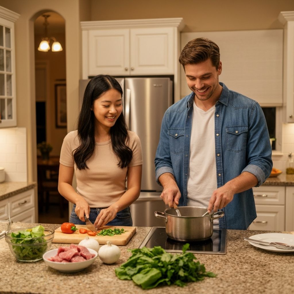 Two people preparing fresh ingredients for dinner together at home in warm kitchen lighting