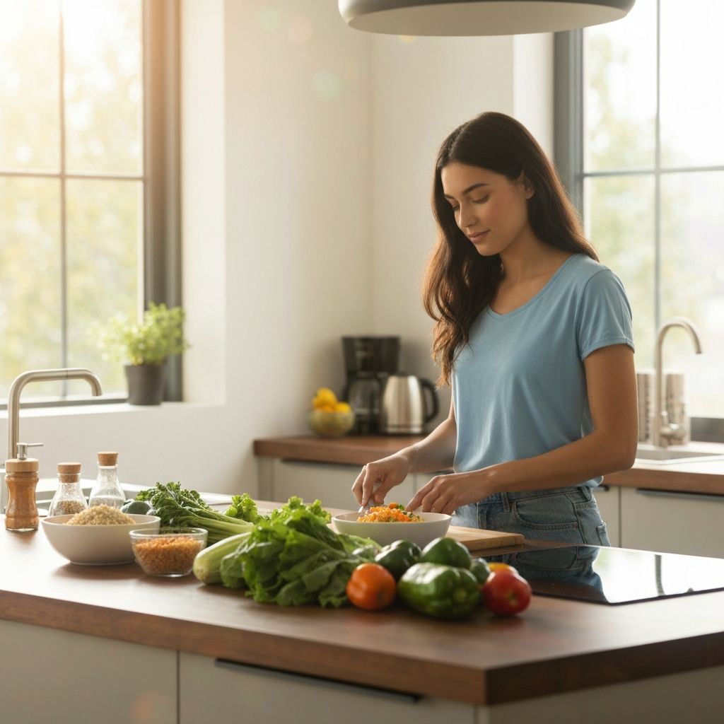 Woman preparing fresh vegetables and grains for lunch in a well-lit modern kitchen