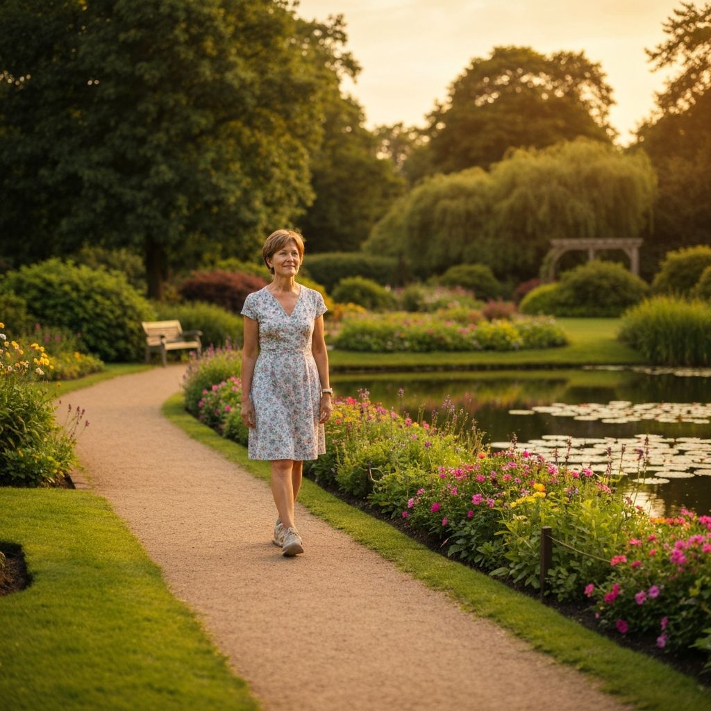 Person taking a calm walk in a peaceful garden with golden hour lighting